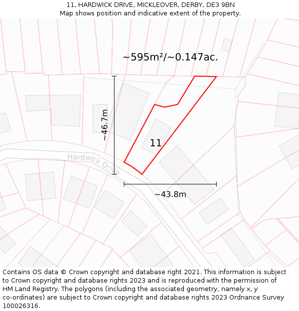11, HARDWICK DRIVE, MICKLEOVER, DERBY, DE3 9BN: Plot and title map
