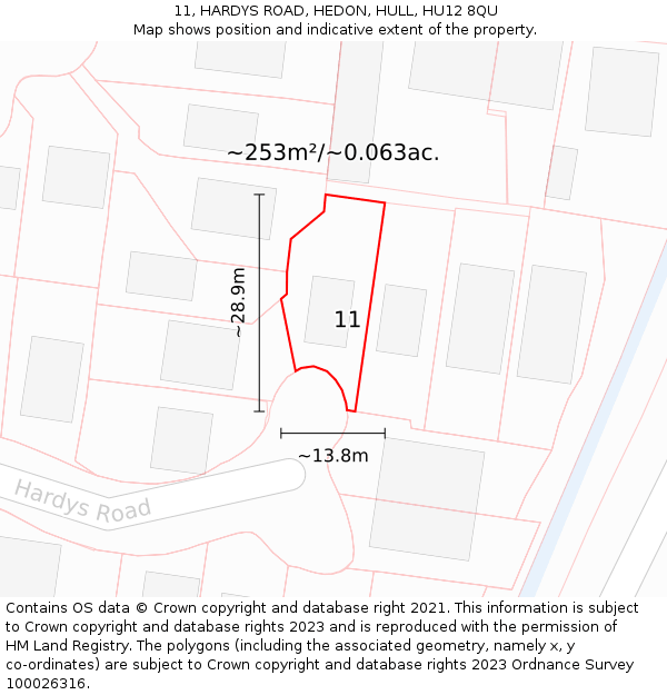 11, HARDYS ROAD, HEDON, HULL, HU12 8QU: Plot and title map