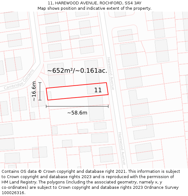 11, HAREWOOD AVENUE, ROCHFORD, SS4 3AY: Plot and title map