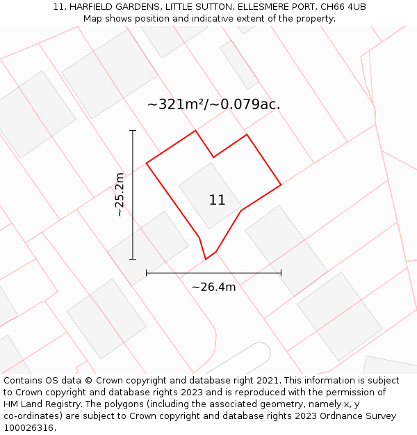 11, HARFIELD GARDENS, LITTLE SUTTON, ELLESMERE PORT, CH66 4UB: Plot and title map