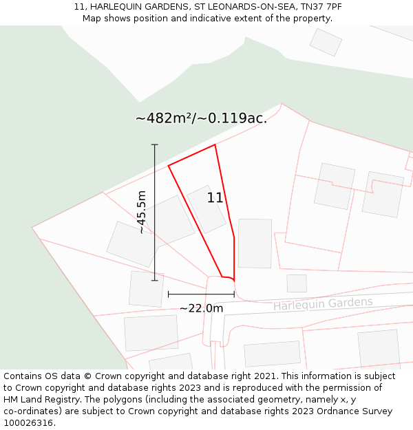 11, HARLEQUIN GARDENS, ST LEONARDS-ON-SEA, TN37 7PF: Plot and title map