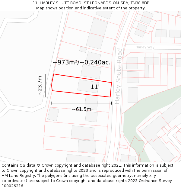 11, HARLEY SHUTE ROAD, ST LEONARDS-ON-SEA, TN38 8BP: Plot and title map