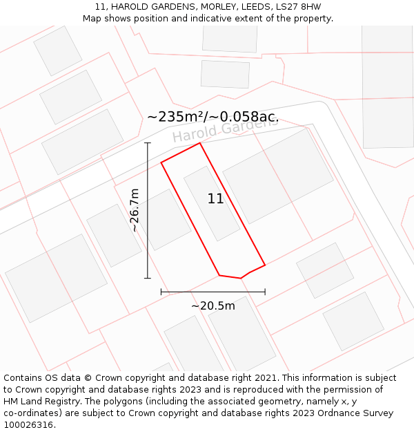 11, HAROLD GARDENS, MORLEY, LEEDS, LS27 8HW: Plot and title map