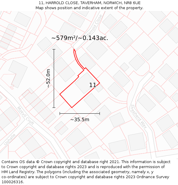 11, HARROLD CLOSE, TAVERHAM, NORWICH, NR8 6UE: Plot and title map