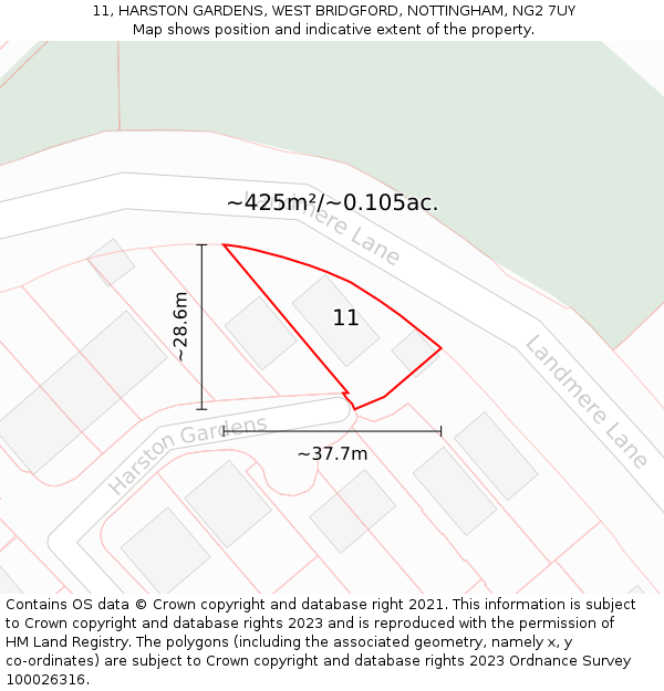 11, HARSTON GARDENS, WEST BRIDGFORD, NOTTINGHAM, NG2 7UY: Plot and title map