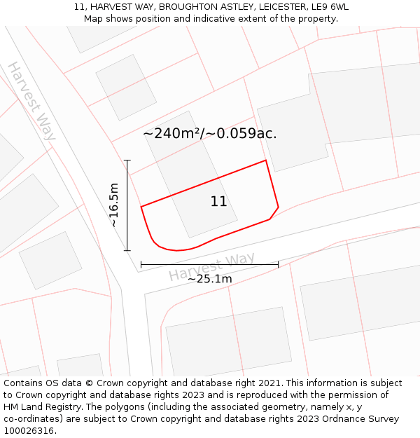 11, HARVEST WAY, BROUGHTON ASTLEY, LEICESTER, LE9 6WL: Plot and title map