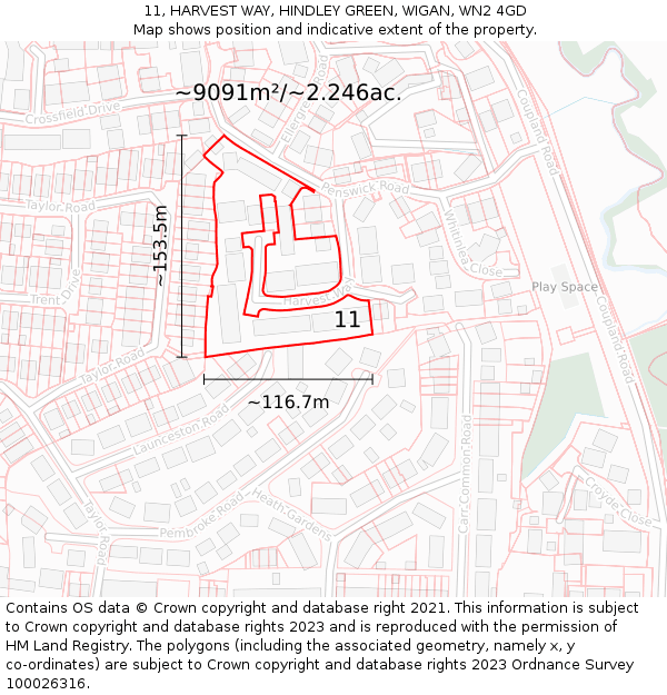 11, HARVEST WAY, HINDLEY GREEN, WIGAN, WN2 4GD: Plot and title map