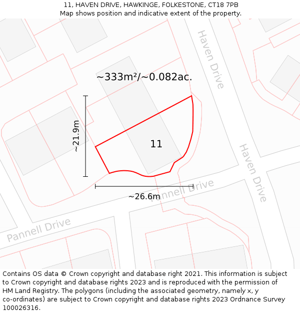 11, HAVEN DRIVE, HAWKINGE, FOLKESTONE, CT18 7PB: Plot and title map