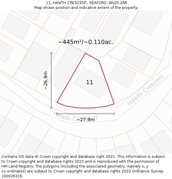 11, HAWTH CRESCENT, SEAFORD, BN25 2RR: Plot and title map