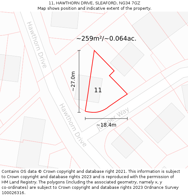 11, HAWTHORN DRIVE, SLEAFORD, NG34 7GZ: Plot and title map