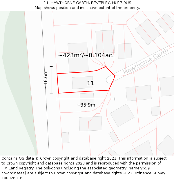 11, HAWTHORNE GARTH, BEVERLEY, HU17 9US: Plot and title map