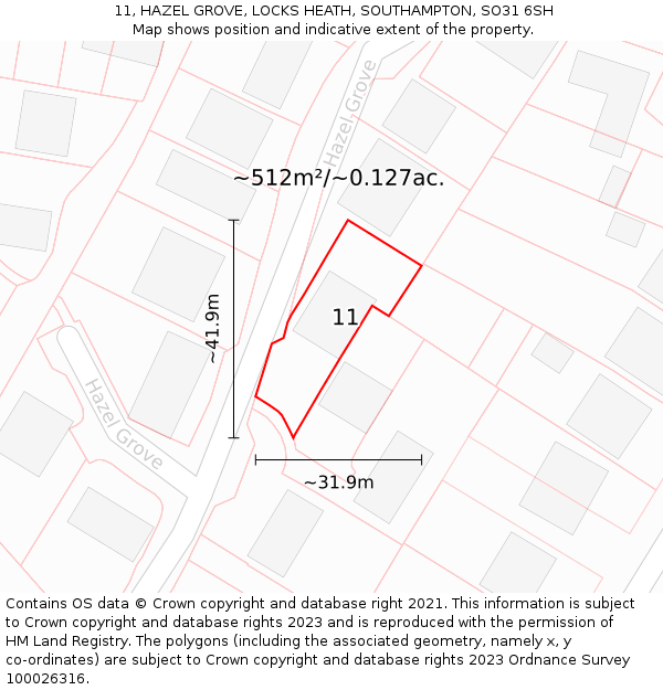 11, HAZEL GROVE, LOCKS HEATH, SOUTHAMPTON, SO31 6SH: Plot and title map