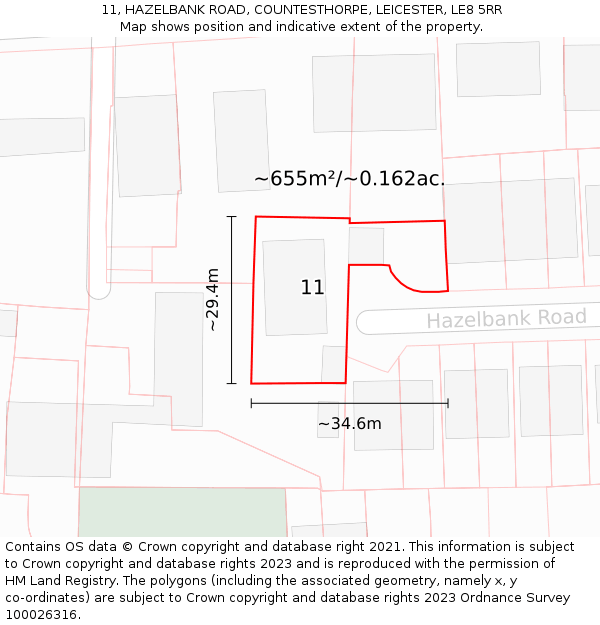 11, HAZELBANK ROAD, COUNTESTHORPE, LEICESTER, LE8 5RR: Plot and title map