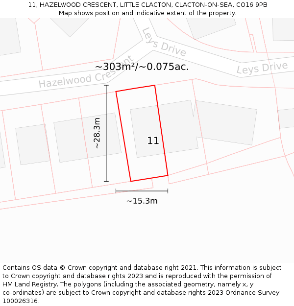 11, HAZELWOOD CRESCENT, LITTLE CLACTON, CLACTON-ON-SEA, CO16 9PB: Plot and title map