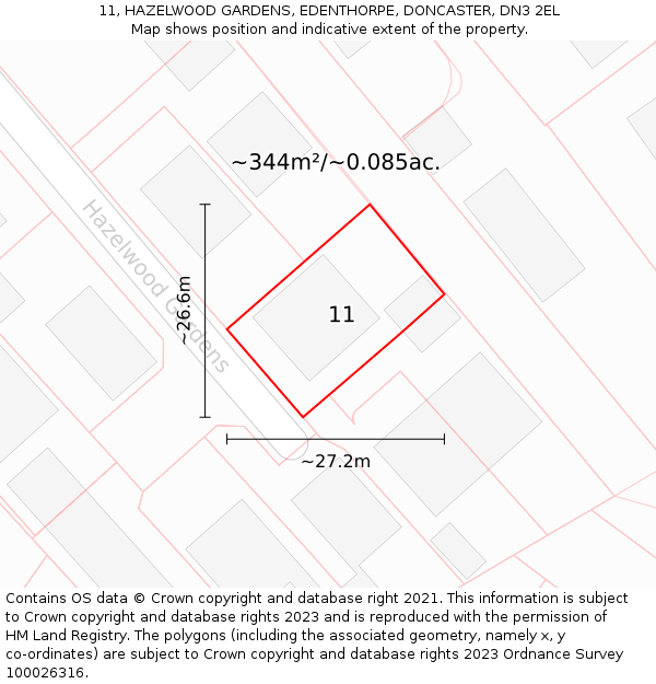 11, HAZELWOOD GARDENS, EDENTHORPE, DONCASTER, DN3 2EL: Plot and title map