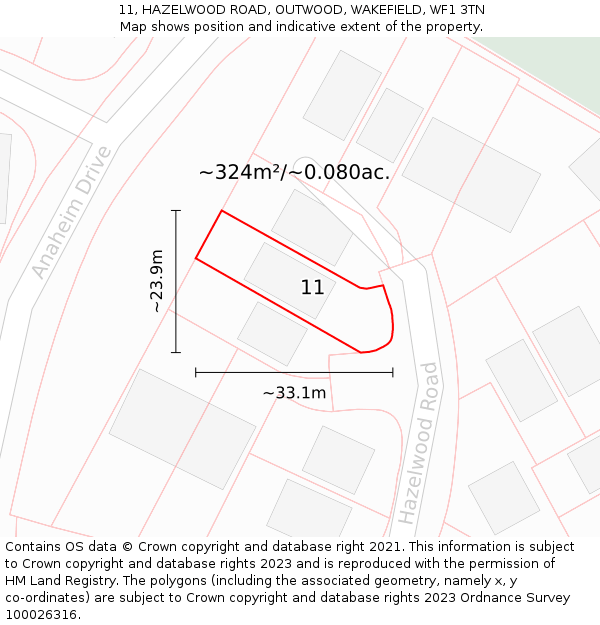 11, HAZELWOOD ROAD, OUTWOOD, WAKEFIELD, WF1 3TN: Plot and title map