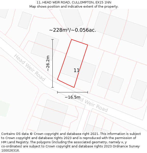 11, HEAD WEIR ROAD, CULLOMPTON, EX15 1NN: Plot and title map