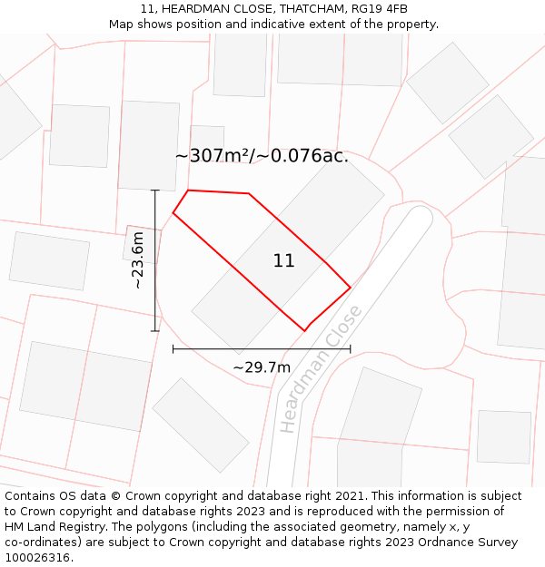 11, HEARDMAN CLOSE, THATCHAM, RG19 4FB: Plot and title map