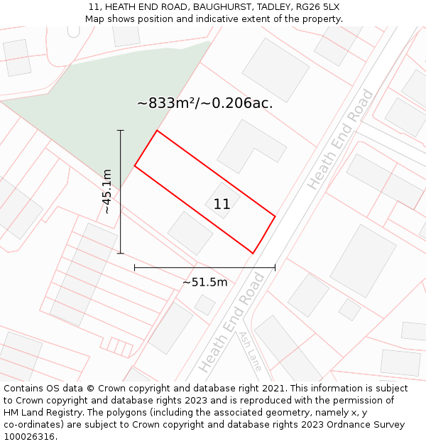 11, HEATH END ROAD, BAUGHURST, TADLEY, RG26 5LX: Plot and title map