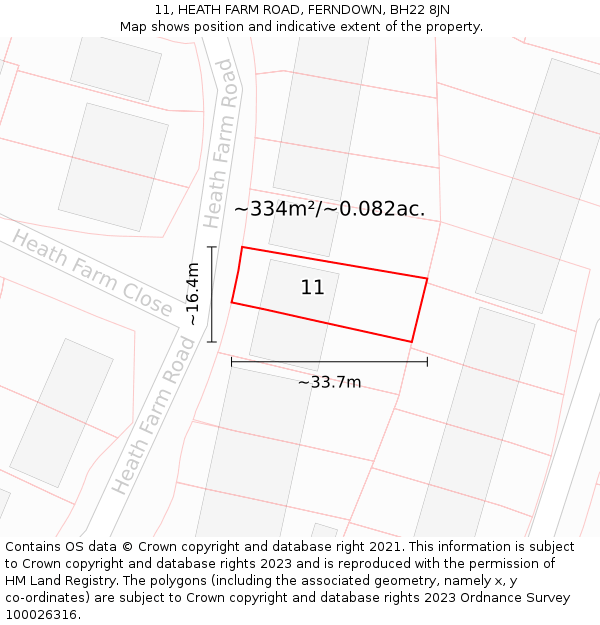 11, HEATH FARM ROAD, FERNDOWN, BH22 8JN: Plot and title map