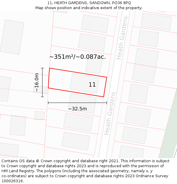 11, HEATH GARDENS, SANDOWN, PO36 8PQ: Plot and title map