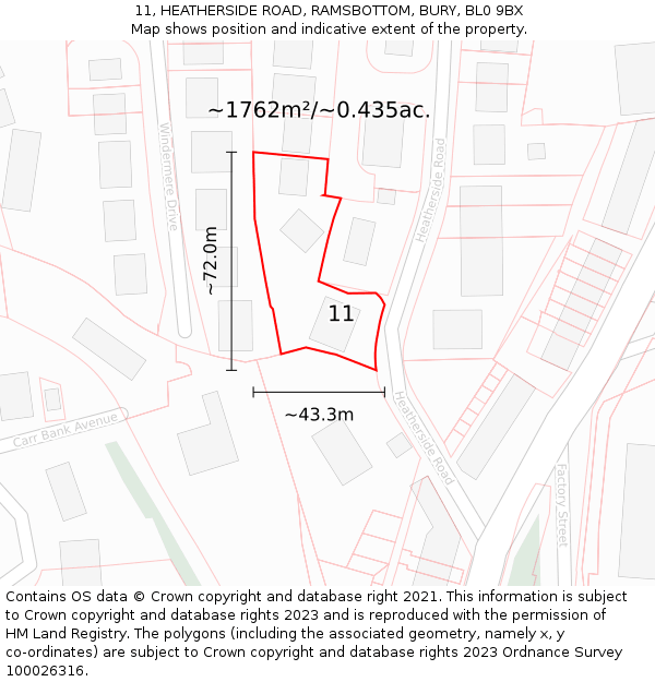 11, HEATHERSIDE ROAD, RAMSBOTTOM, BURY, BL0 9BX: Plot and title map