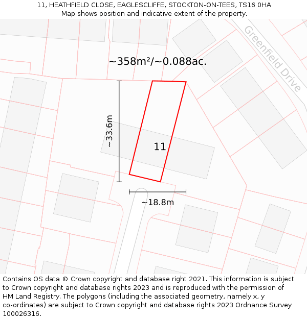 11, HEATHFIELD CLOSE, EAGLESCLIFFE, STOCKTON-ON-TEES, TS16 0HA: Plot and title map