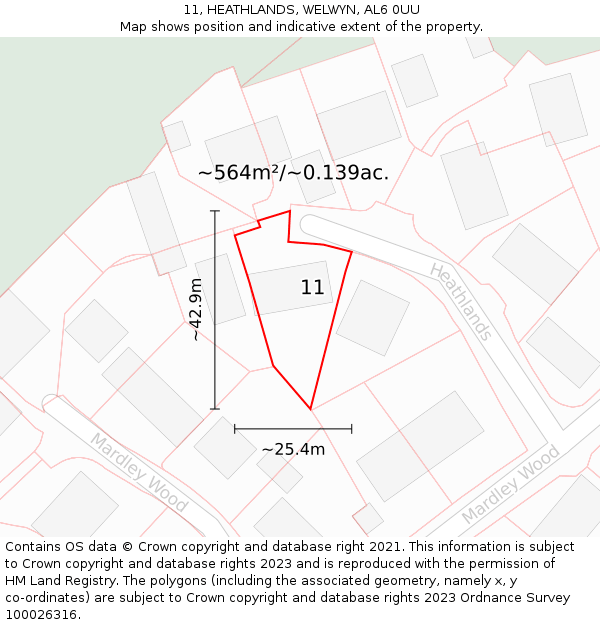 11, HEATHLANDS, WELWYN, AL6 0UU: Plot and title map