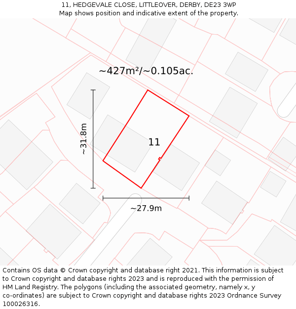 11, HEDGEVALE CLOSE, LITTLEOVER, DERBY, DE23 3WP: Plot and title map