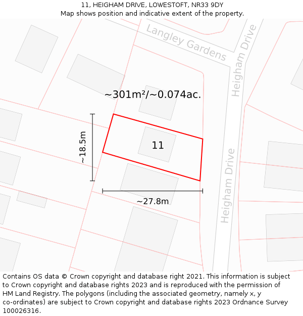 11, HEIGHAM DRIVE, LOWESTOFT, NR33 9DY: Plot and title map