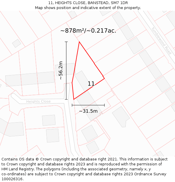 11, HEIGHTS CLOSE, BANSTEAD, SM7 1DR: Plot and title map