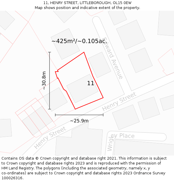 11, HENRY STREET, LITTLEBOROUGH, OL15 0EW: Plot and title map