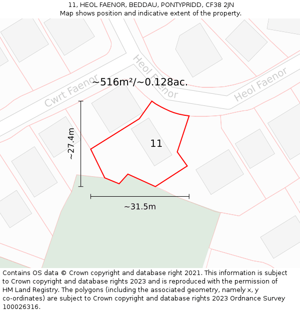 11, HEOL FAENOR, BEDDAU, PONTYPRIDD, CF38 2JN: Plot and title map