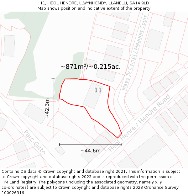 11, HEOL HENDRE, LLWYNHENDY, LLANELLI, SA14 9LD: Plot and title map