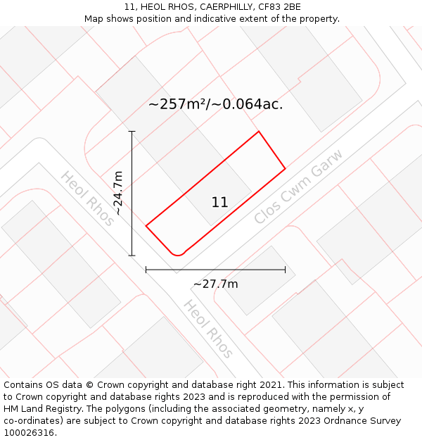 11, HEOL RHOS, CAERPHILLY, CF83 2BE: Plot and title map
