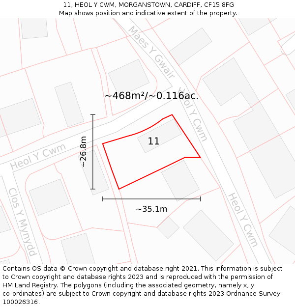 11, HEOL Y CWM, MORGANSTOWN, CARDIFF, CF15 8FG: Plot and title map