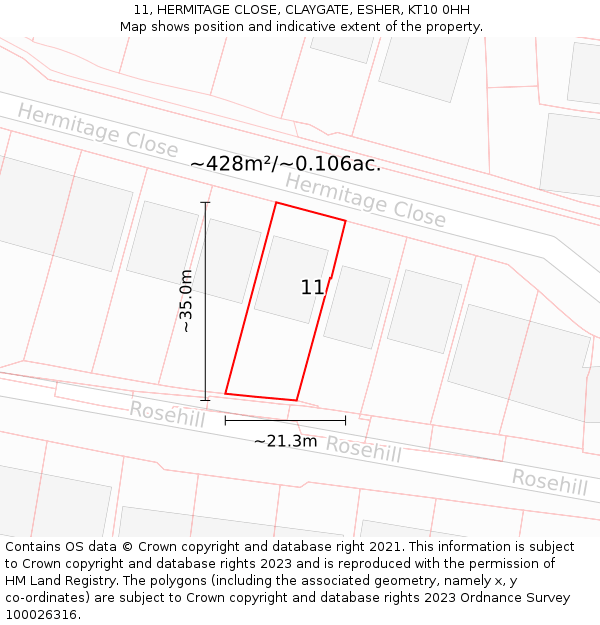11, HERMITAGE CLOSE, CLAYGATE, ESHER, KT10 0HH: Plot and title map