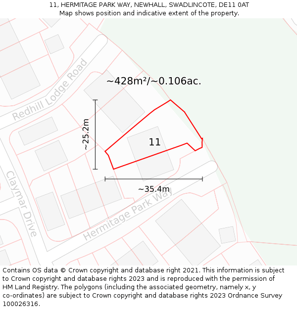 11, HERMITAGE PARK WAY, NEWHALL, SWADLINCOTE, DE11 0AT: Plot and title map