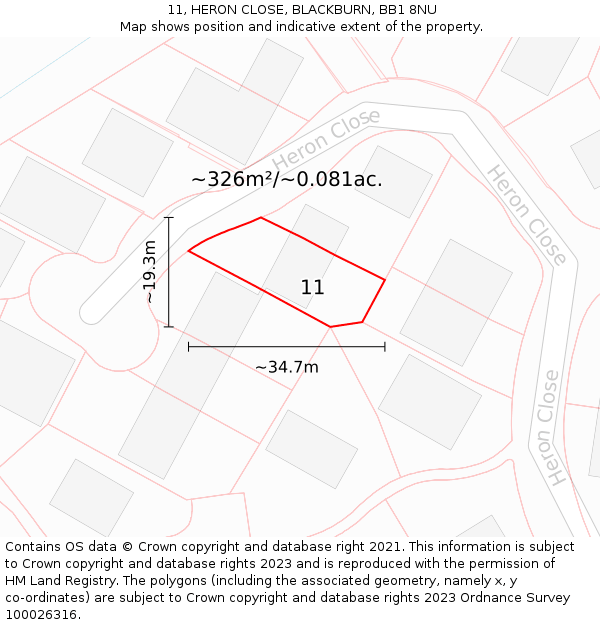 11, HERON CLOSE, BLACKBURN, BB1 8NU: Plot and title map