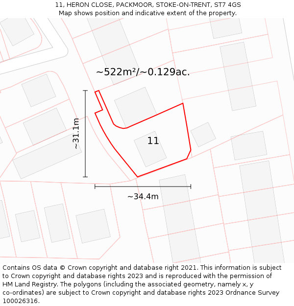 11, HERON CLOSE, PACKMOOR, STOKE-ON-TRENT, ST7 4GS: Plot and title map