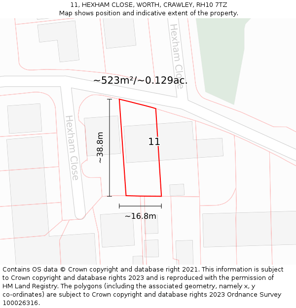 11, HEXHAM CLOSE, WORTH, CRAWLEY, RH10 7TZ: Plot and title map