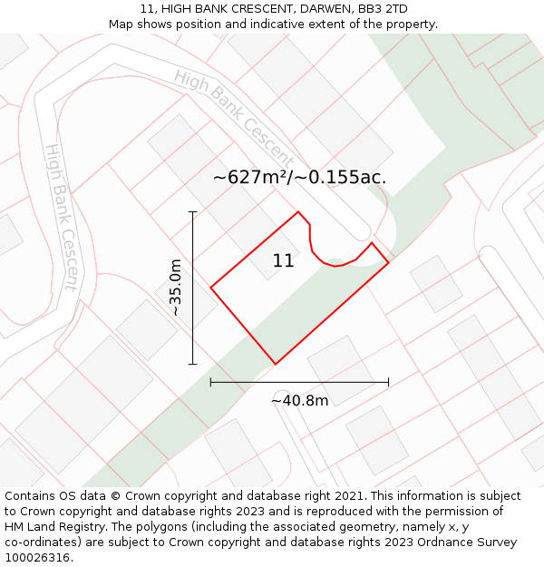 11, HIGH BANK CRESCENT, DARWEN, BB3 2TD: Plot and title map