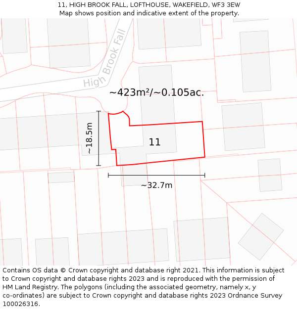 11, HIGH BROOK FALL, LOFTHOUSE, WAKEFIELD, WF3 3EW: Plot and title map