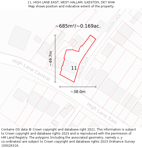 11, HIGH LANE EAST, WEST HALLAM, ILKESTON, DE7 6HW: Plot and title map