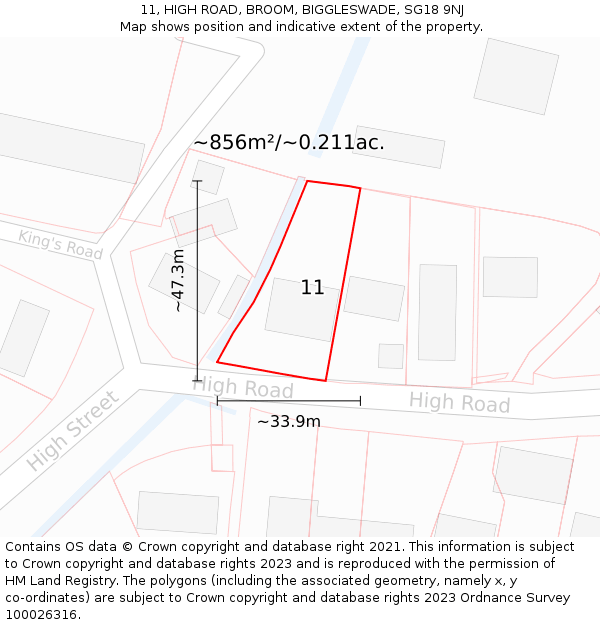 11, HIGH ROAD, BROOM, BIGGLESWADE, SG18 9NJ: Plot and title map