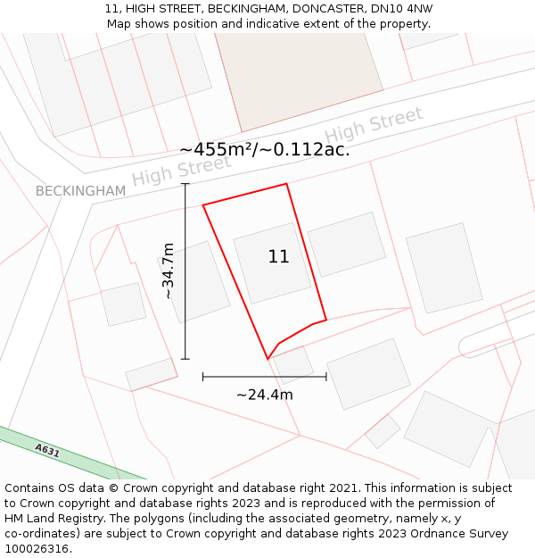 11, HIGH STREET, BECKINGHAM, DONCASTER, DN10 4NW: Plot and title map