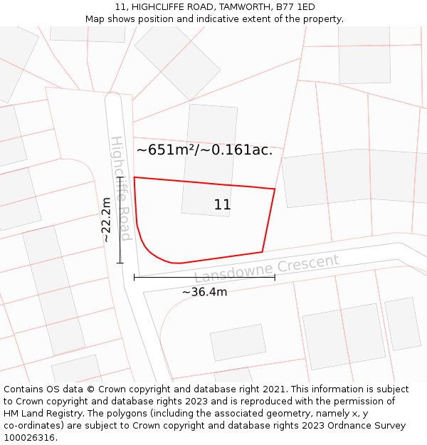 11, HIGHCLIFFE ROAD, TAMWORTH, B77 1ED: Plot and title map