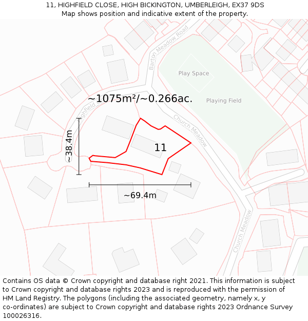 11, HIGHFIELD CLOSE, HIGH BICKINGTON, UMBERLEIGH, EX37 9DS: Plot and title map