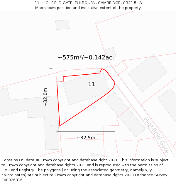 11, HIGHFIELD GATE, FULBOURN, CAMBRIDGE, CB21 5HA: Plot and title map