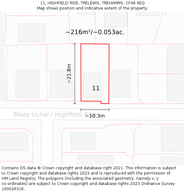 11, HIGHFIELD RISE, TRELEWIS, TREHARRIS, CF46 6EQ: Plot and title map